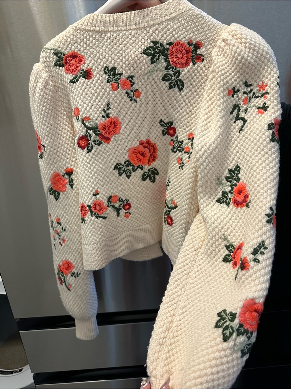 Alice + Olivia Cream Cardigan with Coral Floral Embroidery and Pink Bow - Picture 6 of 9